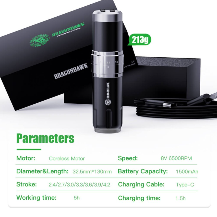 Dragonhawk Wireless Tattoo Pen Machine with 7 Stroke Lengths Fold3 (WQP070)