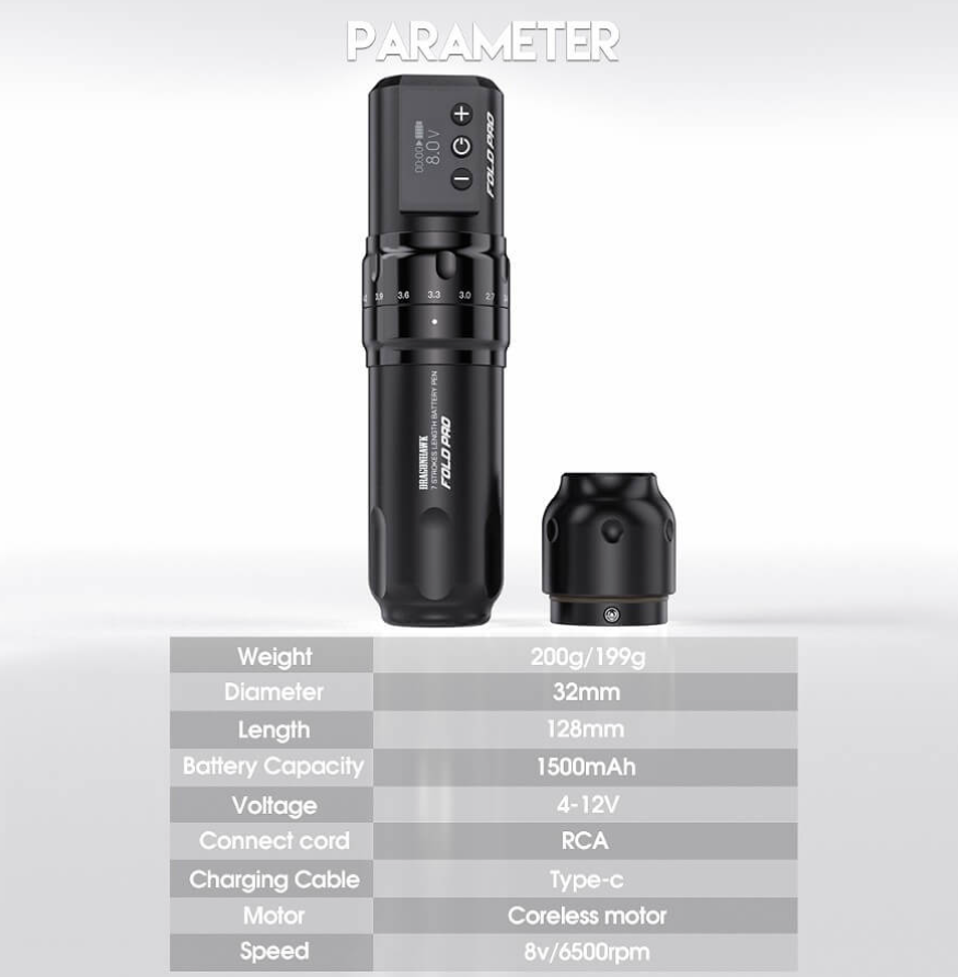 Dragonhawk Wireless Tattoo Pen Machine with 7 Stroke Length | Fold Pro |Two Batteries (WQP031)